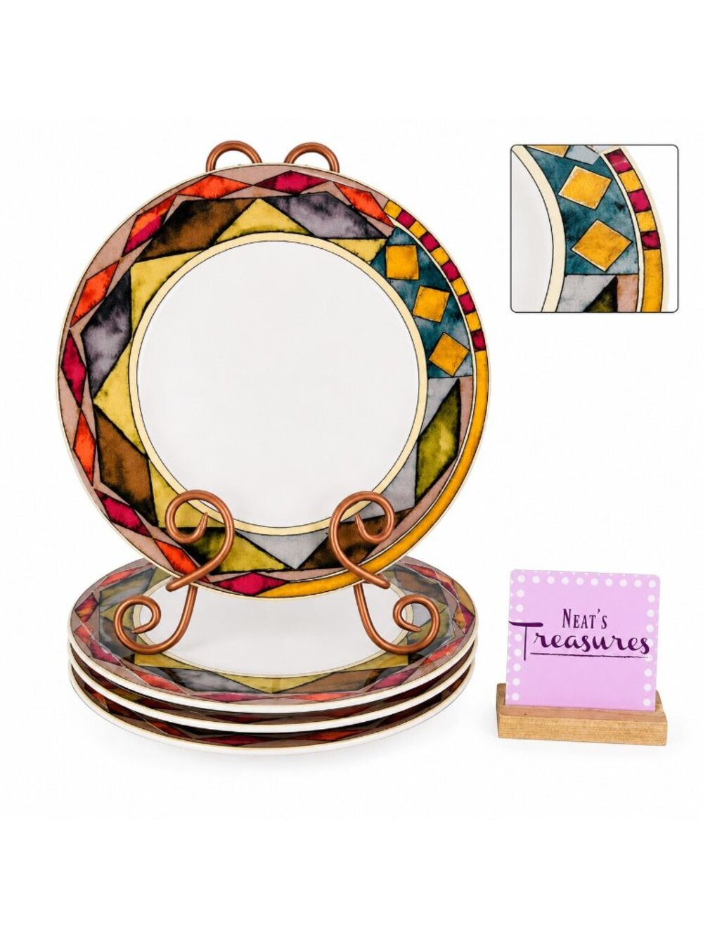 Sasaki PALAZZO Multicolor Diamond & Square Shapes Porcelain Dinner Plates Set 4
